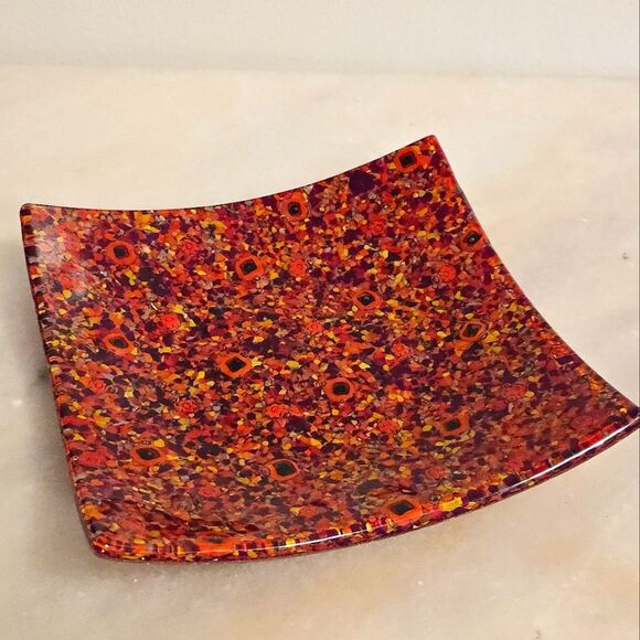 Mixato Red Orange Square Murano Glass Trincket Dish Plate - Picture 2 of 8